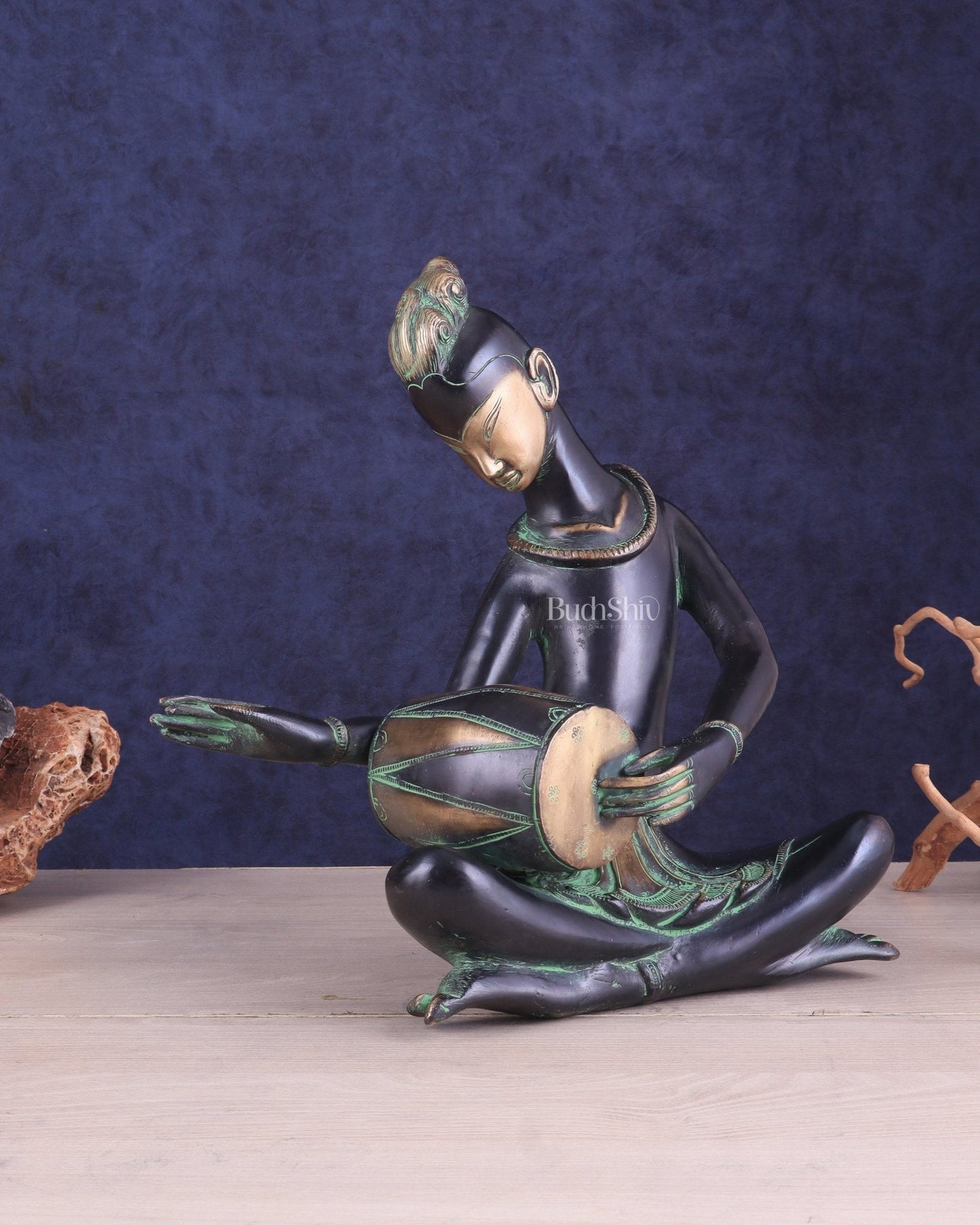Brass Tribal Musician playing dholak large Showpiece - Vintage Design, 13 Inches - Sama Homes Idol - Brass Sculpture