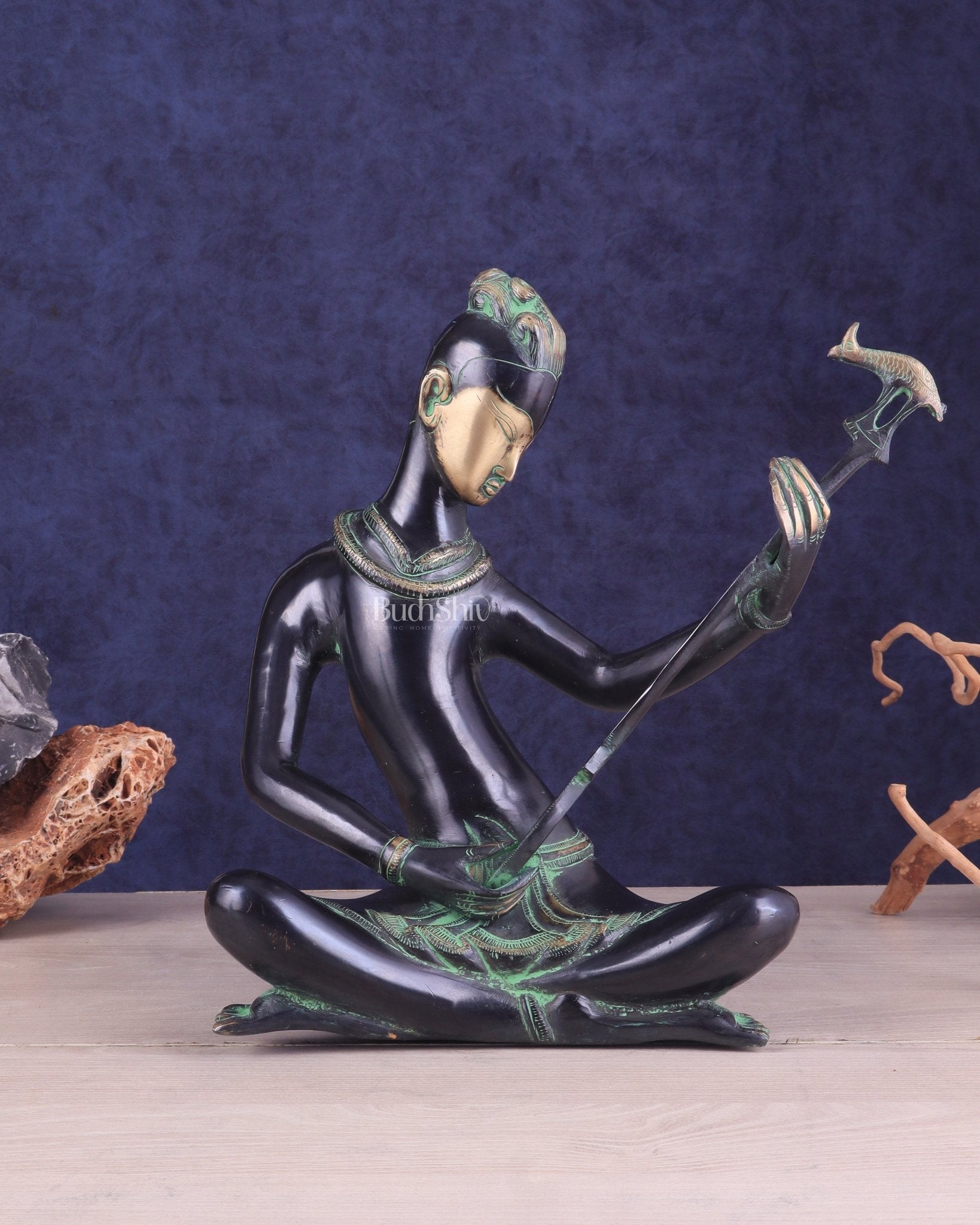 Brass Tribal Musician sitar player large Showpiece - Vintage Design, 13 Inches - Sama Homes Idol - Brass Sculpture - Eco-friendly - Sama Homes