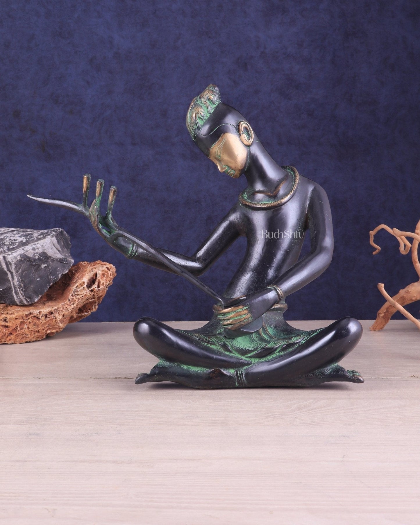 Brass Tribal Musician tanpura player large Showpiece - Vintage Design, 13 Inches - Sama Homes Idol - Brass Sculpture