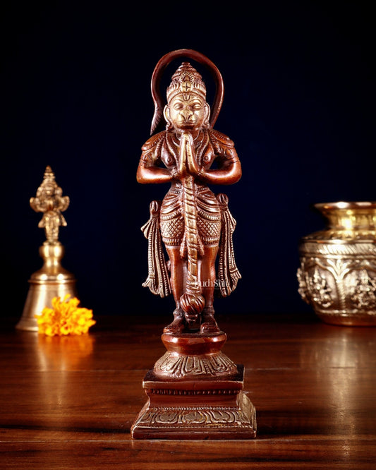 Brass Unique Hanuman Ji in Anjali Mudra Statue - 7" Tall double chola tone - Sama Homes Idol - Brass Sculpture