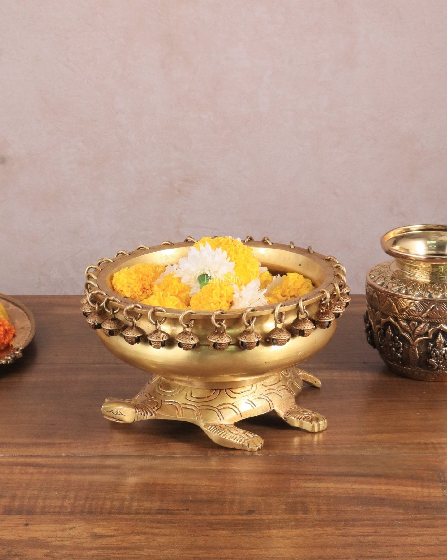 Brass Urli Bowl with Tortoise Base - 8"x10"x5", Matte golden – Sama Homes