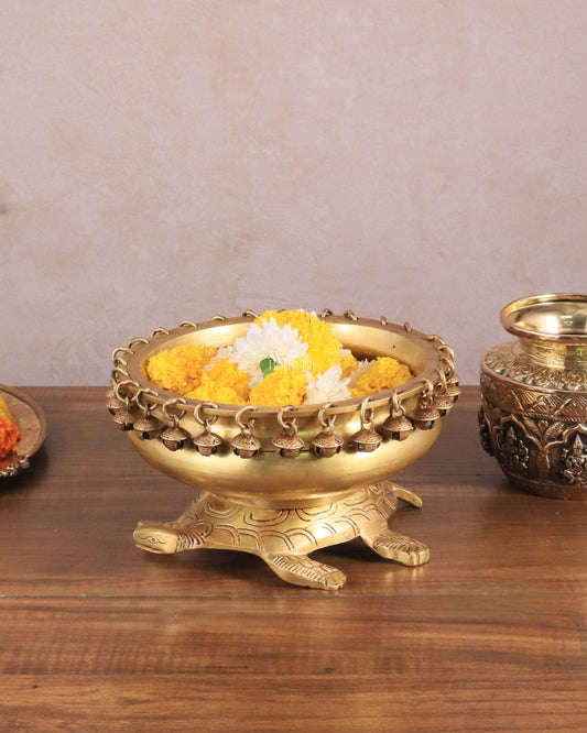 Brass Urli Bowl with Tortoise Base - 8"x10"x5", Matte golden – Sama Homes