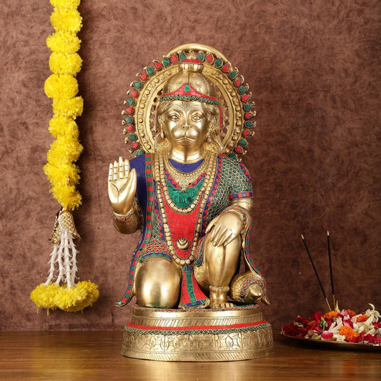 Brass Veer Hanuman Statue with Stonework - 20" - Sama Homes Idol - Brass Sculpture