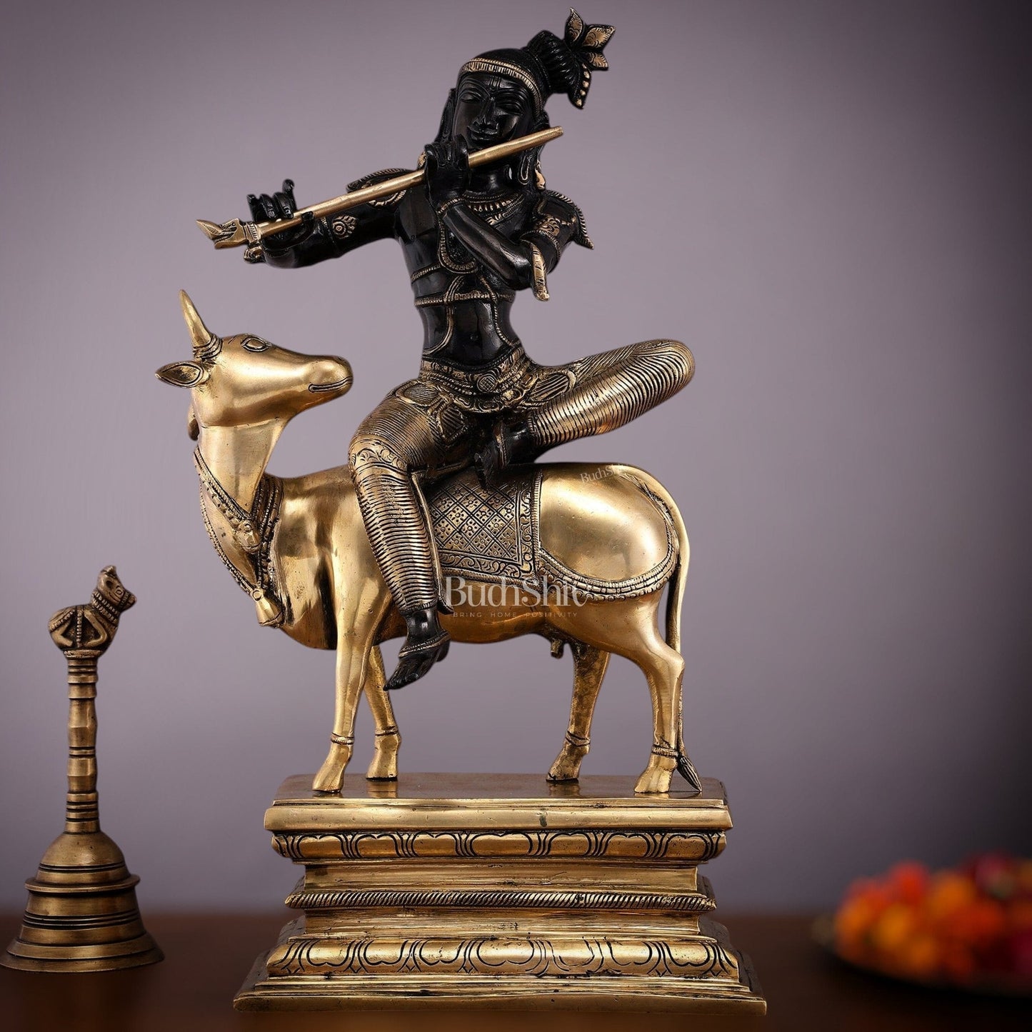 Brass Venugopal Krishna on Cow Statue - 21" Height with Black Gold Finish - Sama Homes Idol - Brass Sculpture