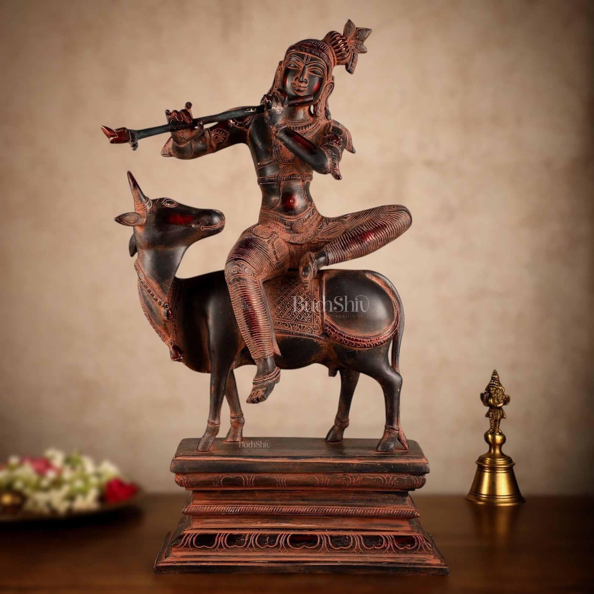 Brass Venugopal Krishna Seated on Cow Statue | 21x12.5x7.5 Inch - Sama Homes Idol - Brass Sculpture - Eco-friendly - Sama Homes