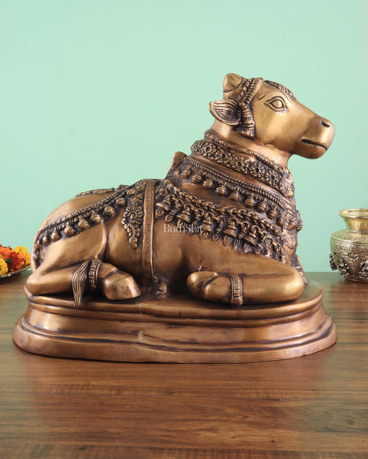 Brass Vintage Nandi on Base Statue 17" - Sama Homes Idol - Brass Sculpture