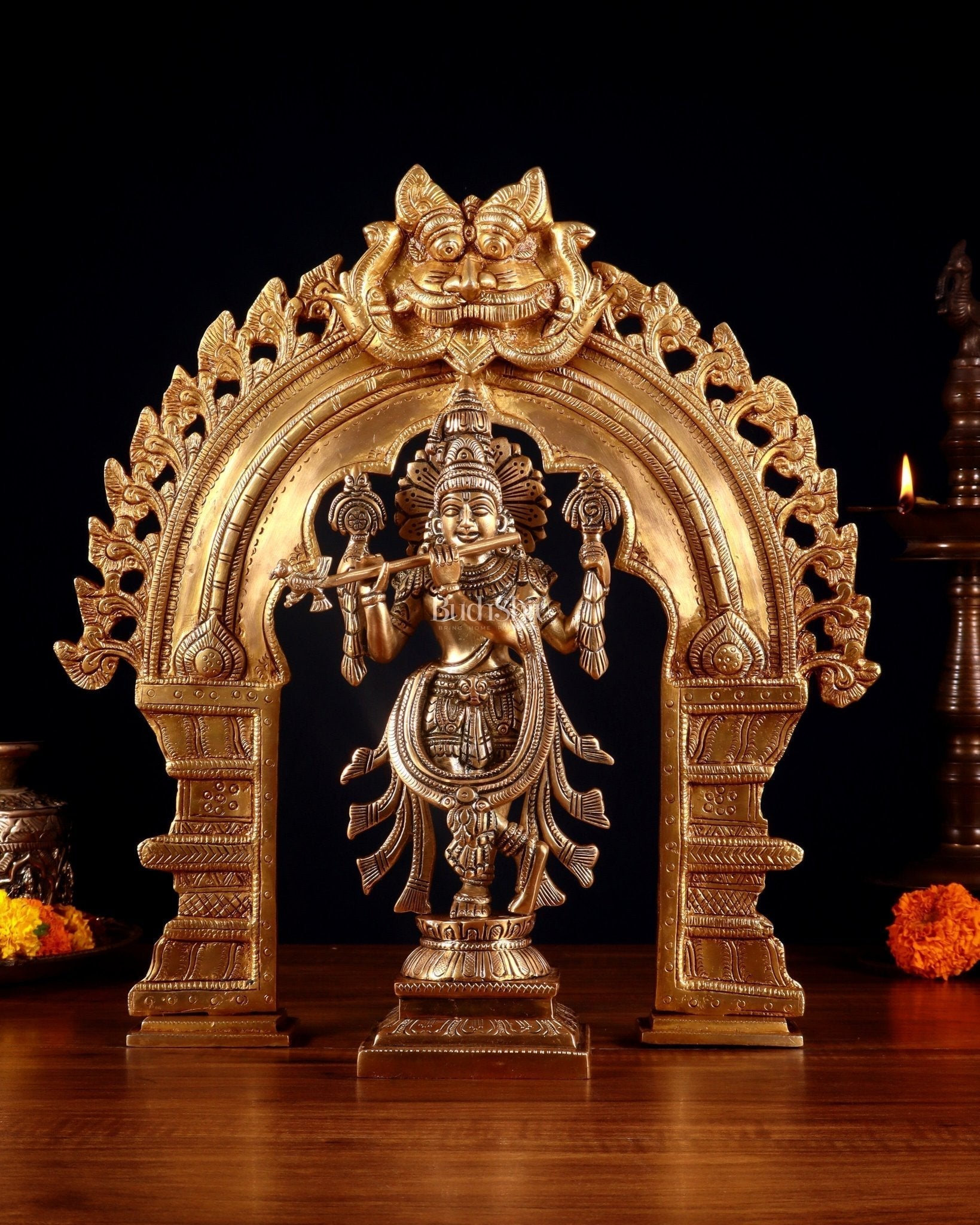 Brass Vishnu Roopam Krishna Statue with Prabhavali 17 inch - Sama Homes Idol - Brass Sculpture - Eco-friendly - Sama Homes