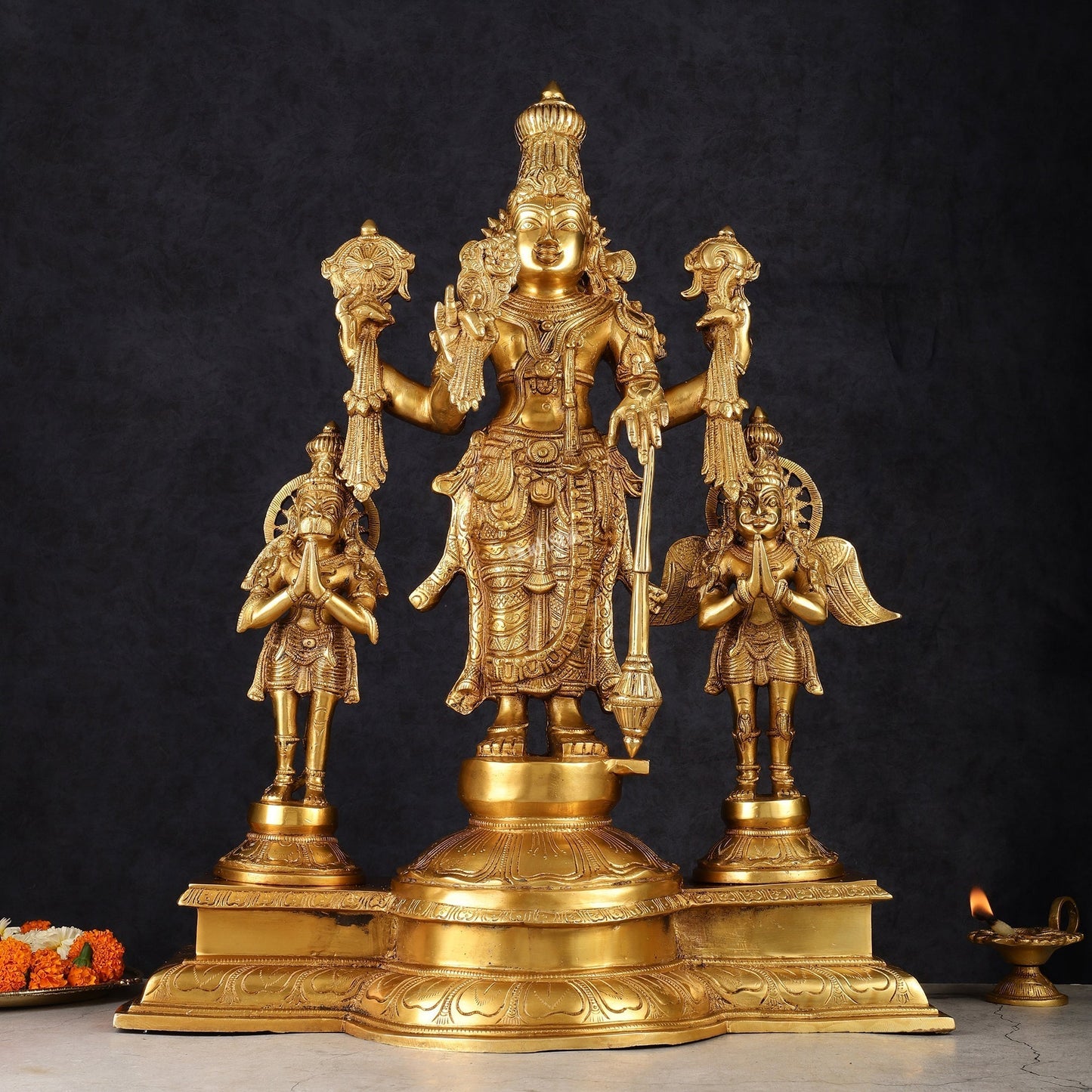 Brass Vishnu Statue with Garuda and Hanuman - 24" Standing - Sama Homes Idol - Brass Sculpture