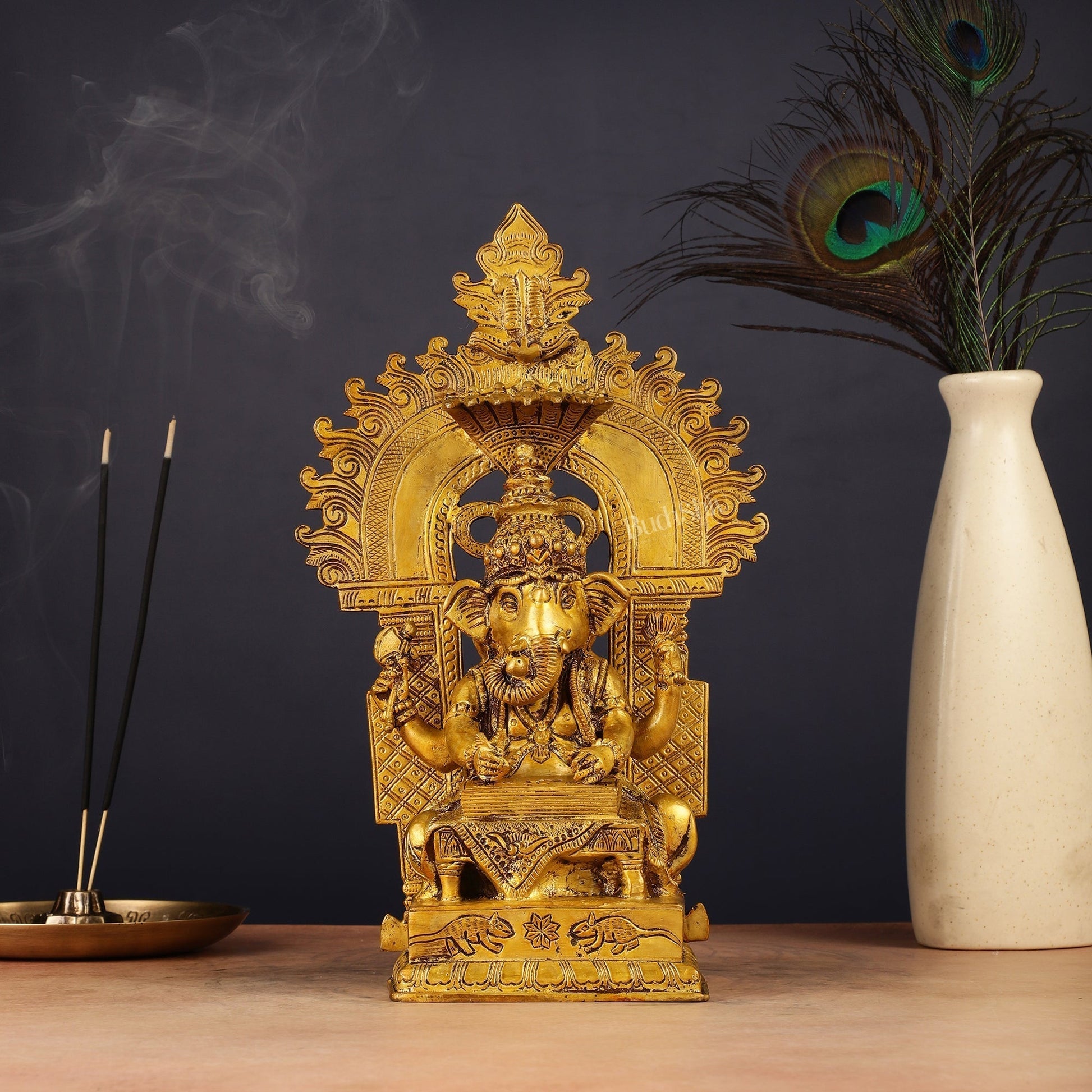Brass Writing Ganesha Statue with Prabhal 10.5" - Sama Homes Idol - Brass Sculpture - Eco-friendly - Sama Homes