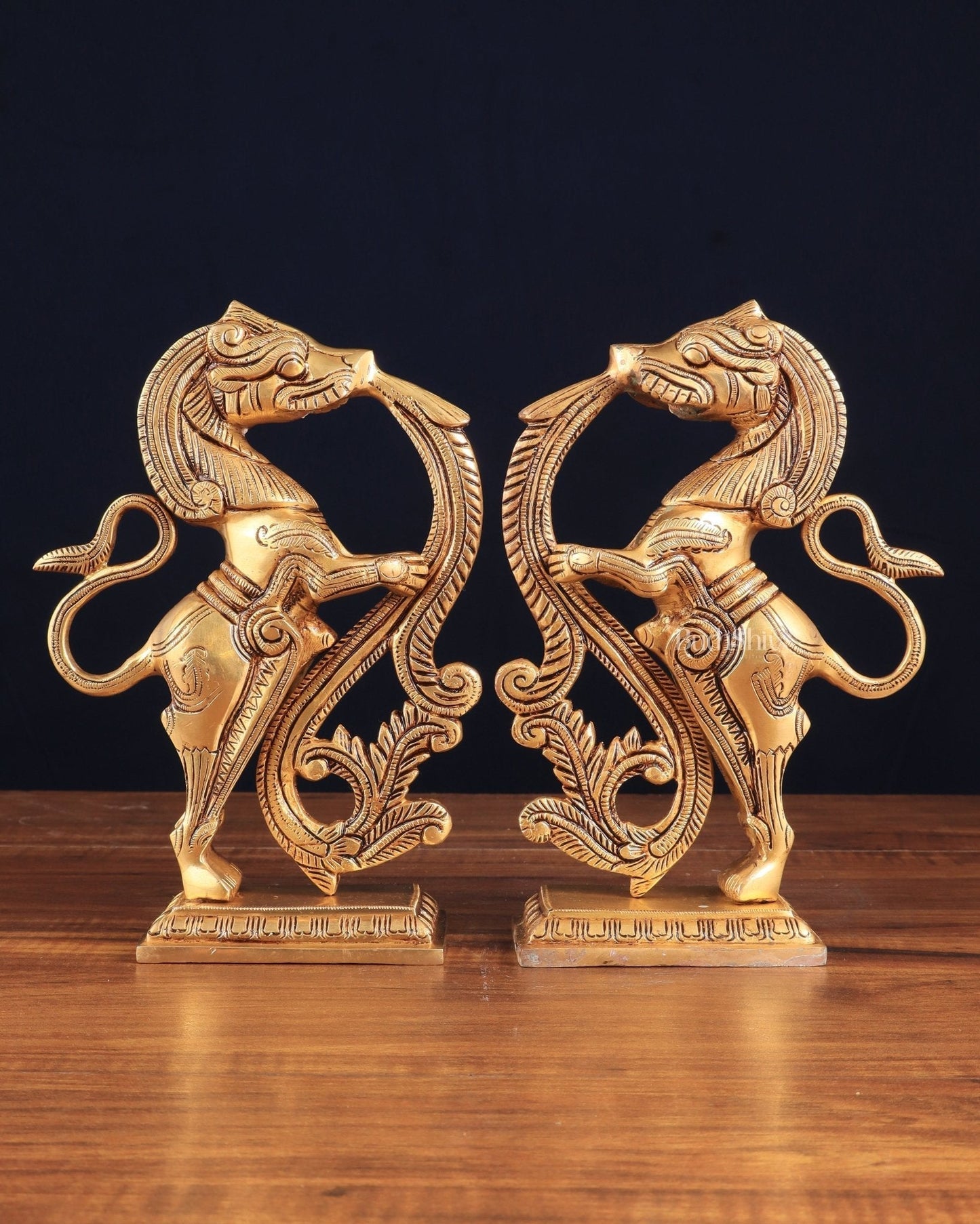 Brass Yali Table Temple Décor Showpiece – Pair, 8.5 Inch, - Sama Homes Idol - Brass Sculpture