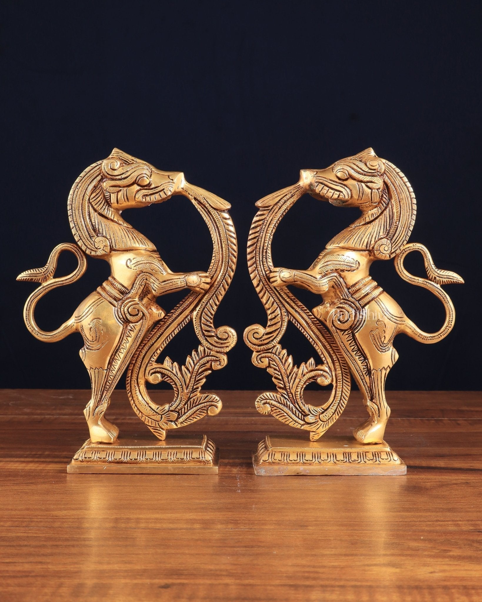Brass Yali Table Temple Décor Showpiece – Pair, 8.5 Inch, - Sama Homes Idol - Brass Sculpture - Eco-friendly - Sama Homes