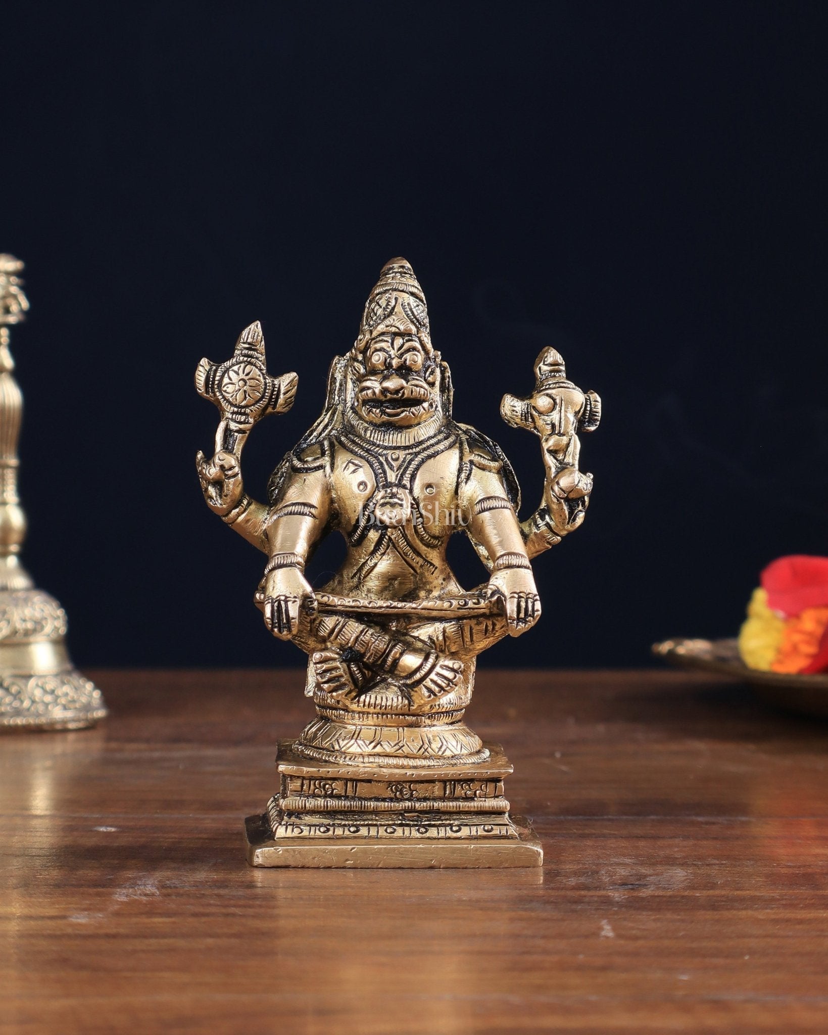 Brass Yog Narasimha Statue (Small) 4" - Sama Homes Idol - Brass Sculpture - Eco-friendly - Sama Homes