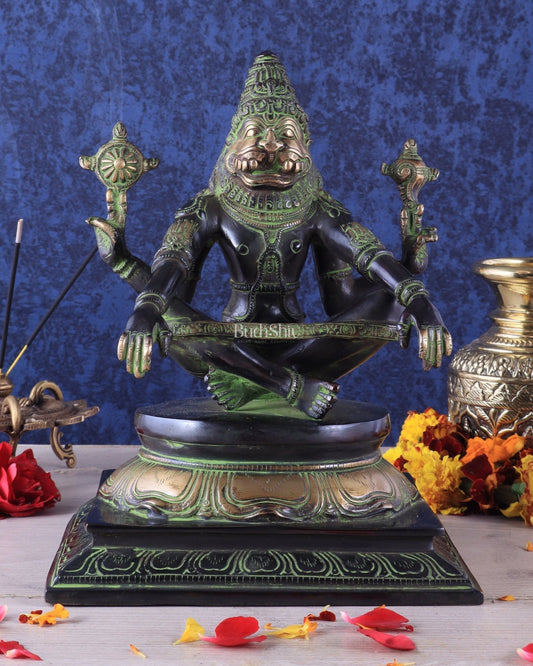 Brass Yog Narasimha swamy Statue 11" black green - Sama Homes Idol - Brass Sculpture