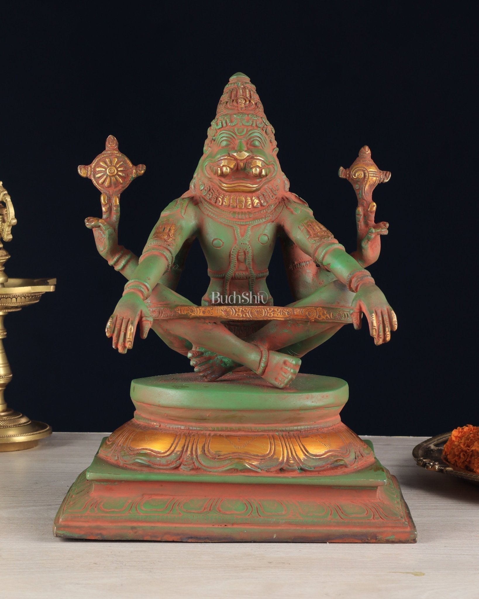 Brass Yog Narsimha Statue 11" vintage green sandstone finish - Sama Homes Idol - Brass Sculpture - Eco-friendly - Sama Homes
