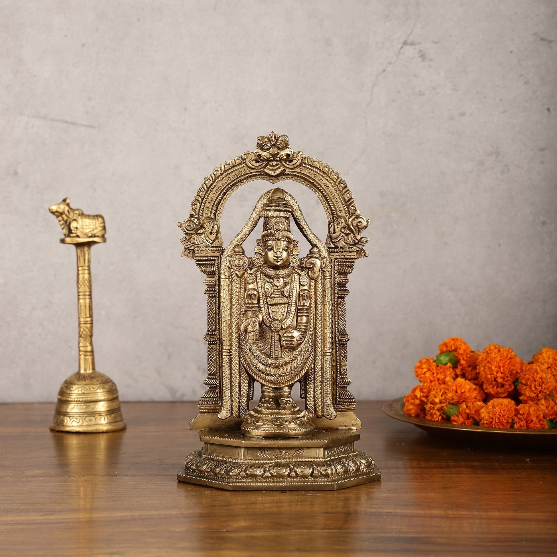 Bronze Tirupati Balaji Statue with Prabhavali - 9 Inch | Authentic - Sama Homes Idol - Brass Sculpture - Eco-friendly - Sama Homes
