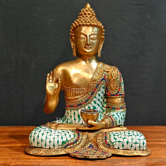 Buddha Brass Idol in Aashirwaad Abhaya Mudra - 17 Inch, Exquisite Stonework - Sama Homes Idol - Brass Sculpture