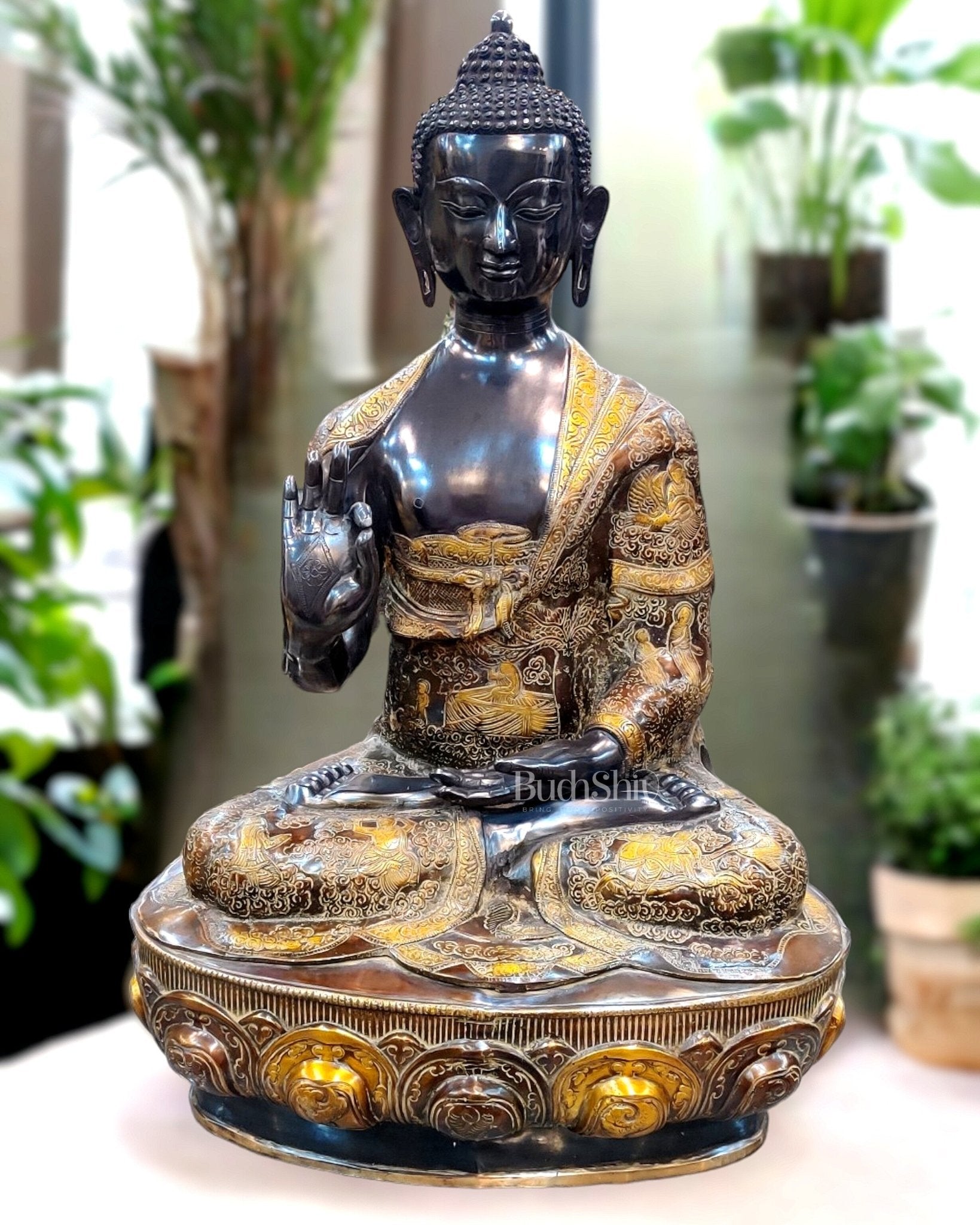Buddha Brass Statue Lifestory Aashirwaad Mudra 33 inch - Sama Homes Idol - Brass Sculpture - Eco-friendly - Sama Homes