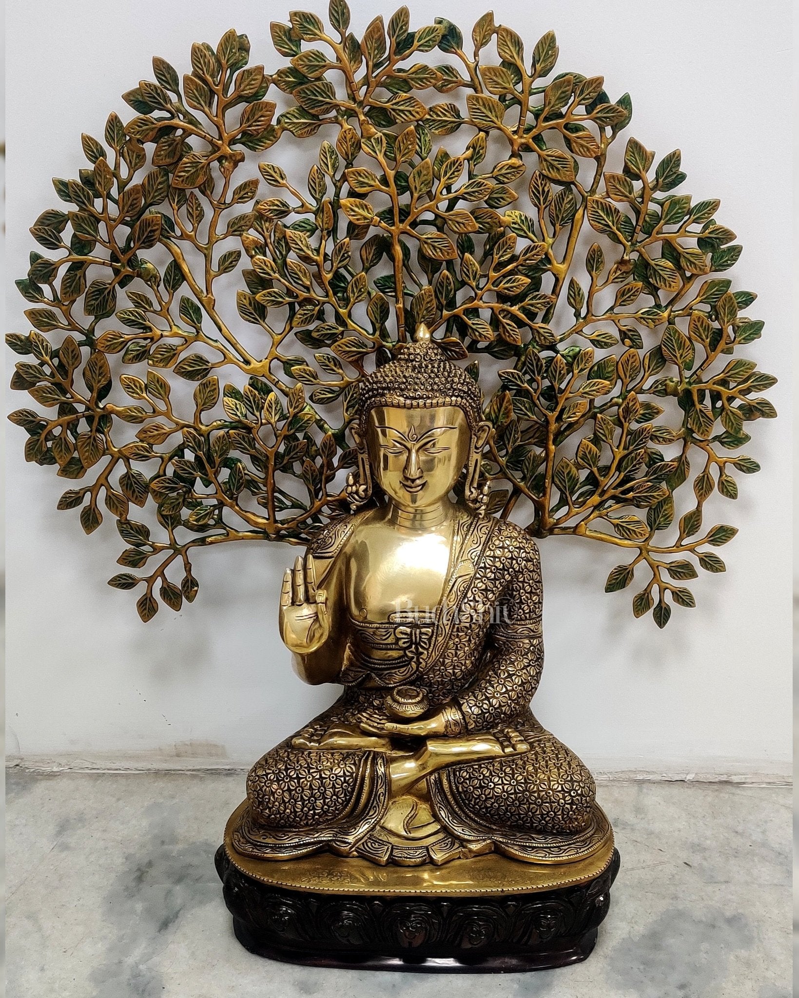 Buddha Brass statue with bodhi tree 25 inches - Sama Homes Idol - Brass Sculpture - Eco-friendly - Sama Homes