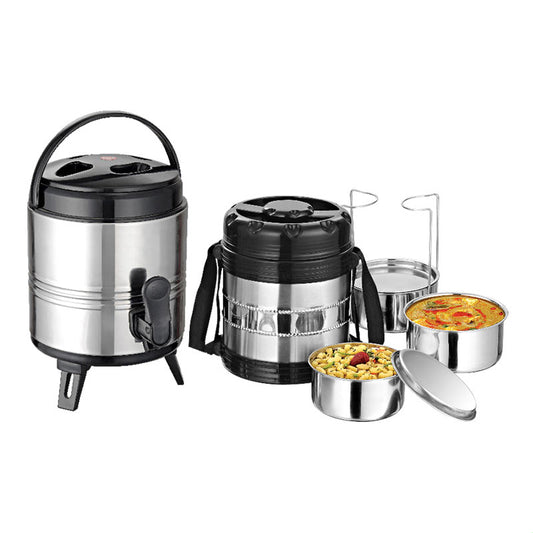 Stainless Steel PU form Insulated Buffet Gift Set | Tiffen Box + Beverages Thermos for Water, Coffee, Tea | Gifting Idea