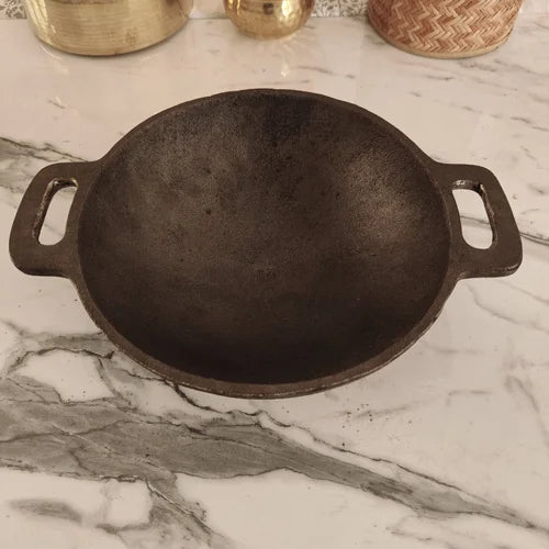 Cast Iron Kadai Smooth Finish Round Bottom – Sama Homes - Eco-friendly - Sama Homes