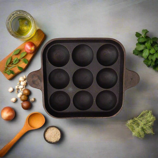 Cast Iron Square Paniyaram Pan – 9 Pits | Paniyarakal for Paddu – Sama Homes