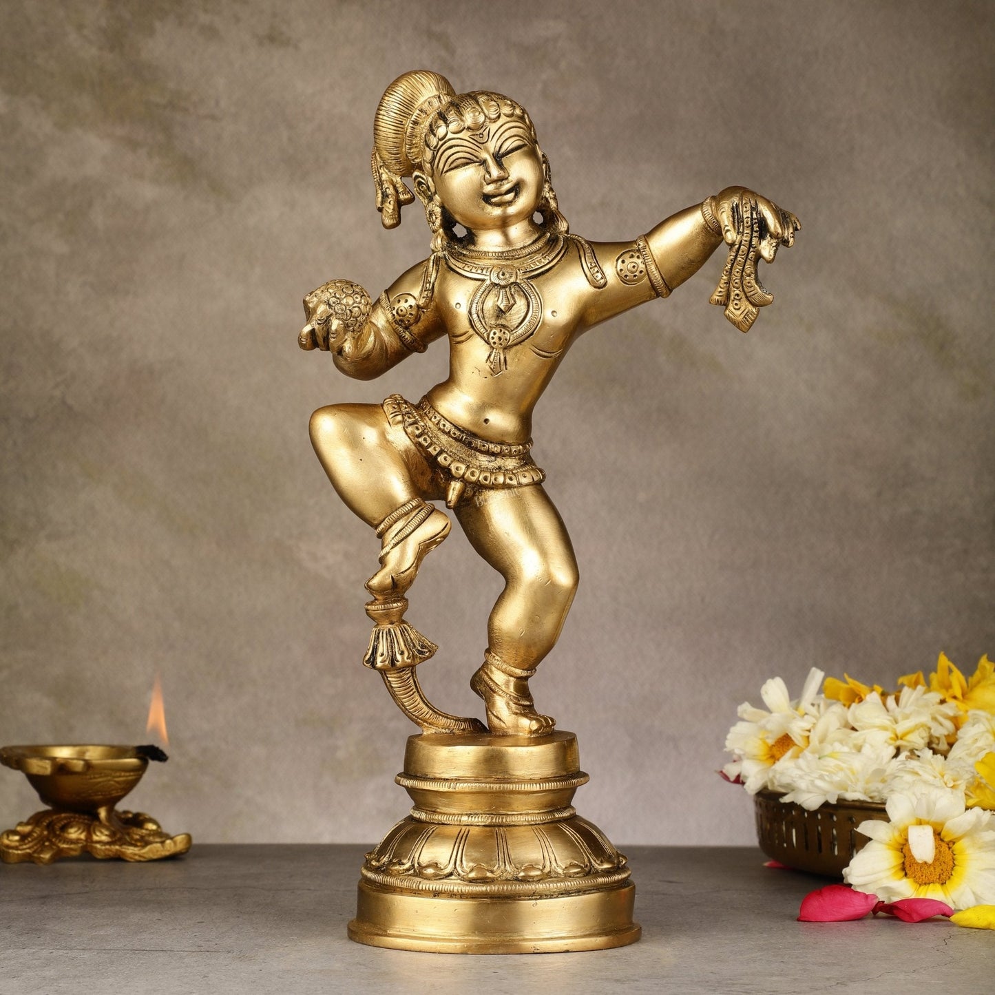 Charming 12-Inch Brass Dancing Baby Krishna Idol - Sama Homes Idol - Brass Sculpture
