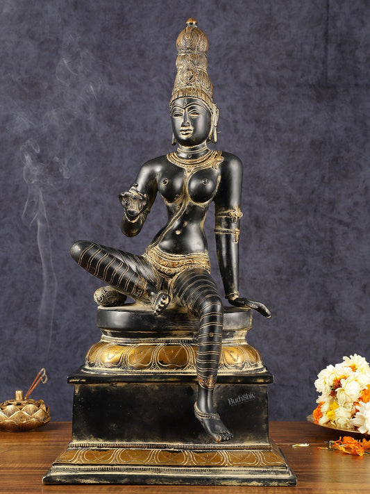 Chola Style Bhoga Shakti Brass Seated Parvati Uma Devi Sculpture | Height: 20.5 inch - Sama Homes Idol - Brass Sculpture