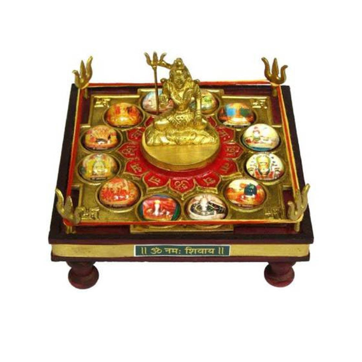 12 Jyotirling Sampoorna Shiva Yantra Chowki with Lord Shiva Idol In Brass & Wood - Image 2