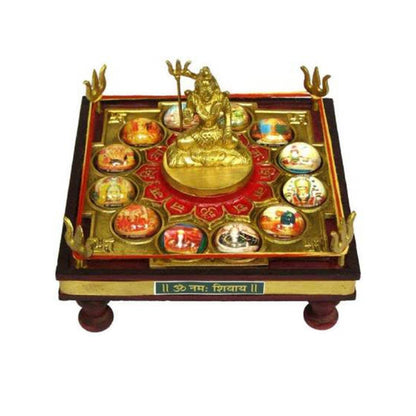 12 Jyotirling Sampoorna Shiva Yantra Chowki with Lord Shiva Idol In Brass & Wood by SAMAHealing - Yantra Chowki (View 2)
