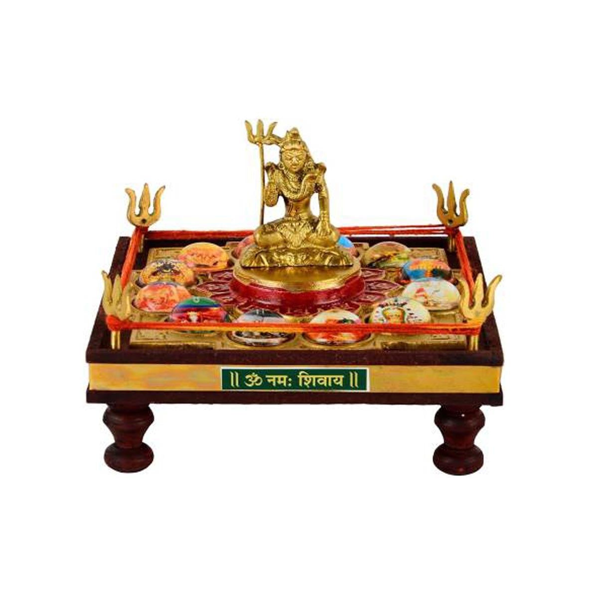 12 Jyotirling Sampoorna Shiva Yantra Chowki with Lord Shiva Idol In Brass & Wood - Eco-friendly - Sama Homes