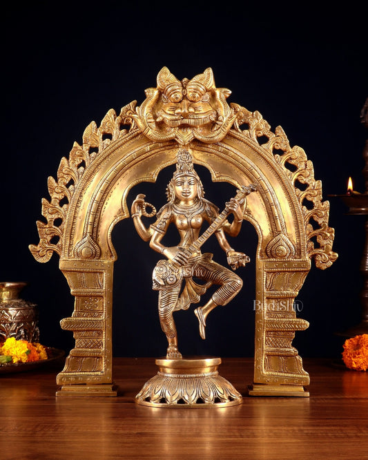Dancing Saraswati Brass Statue with Golden Prabhavali – 17” - Sama Homes Idol - Brass Sculpture