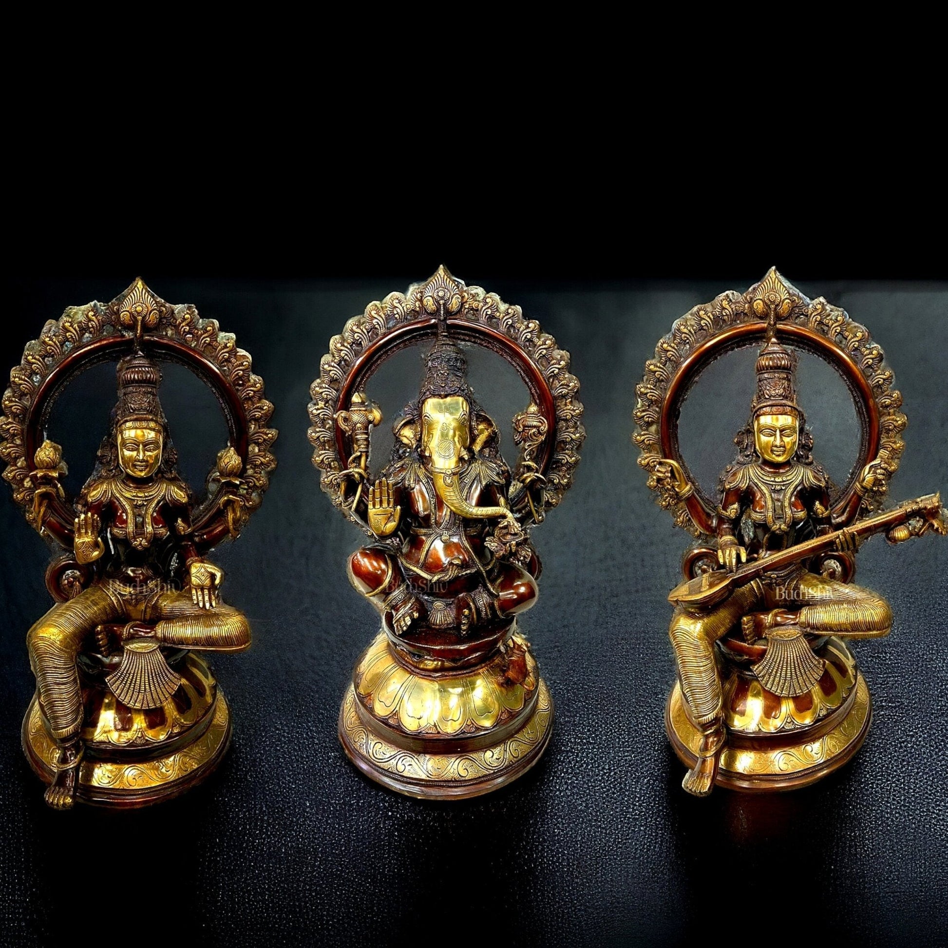 Divine Brass Deity Set with Arch - Ganapati, Saraswati, and Lakshmi 27" - Sama Homes Idol - Brass Sculpture - Eco-friendly - Sama Homes