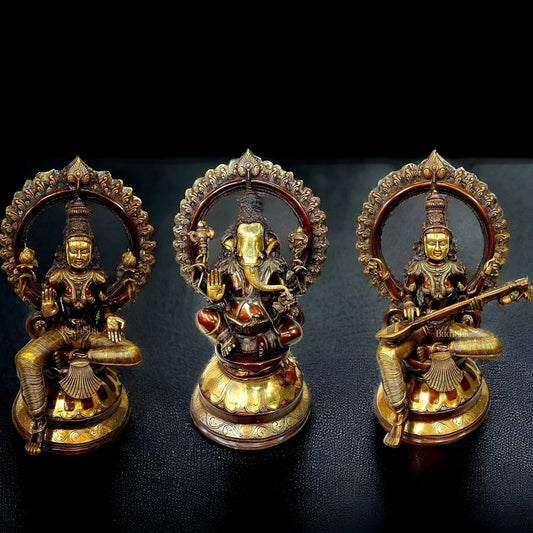 Divine Brass Deity Set with Arch - Ganapati, Saraswati, and Lakshmi 27" - Sama Homes Idol - Brass Sculpture