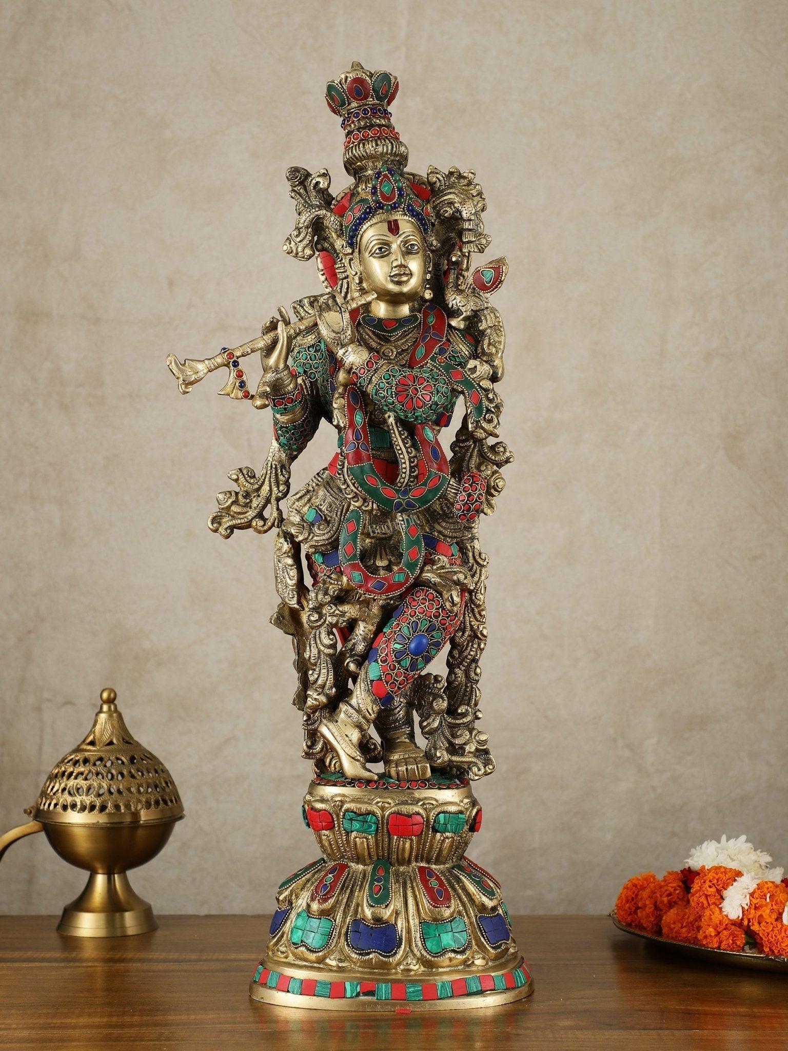 Divine Brass Krishna Playing Flute Statue - 24 Inches - Sama Homes Idol - Brass Sculpture - Eco-friendly - Sama Homes
