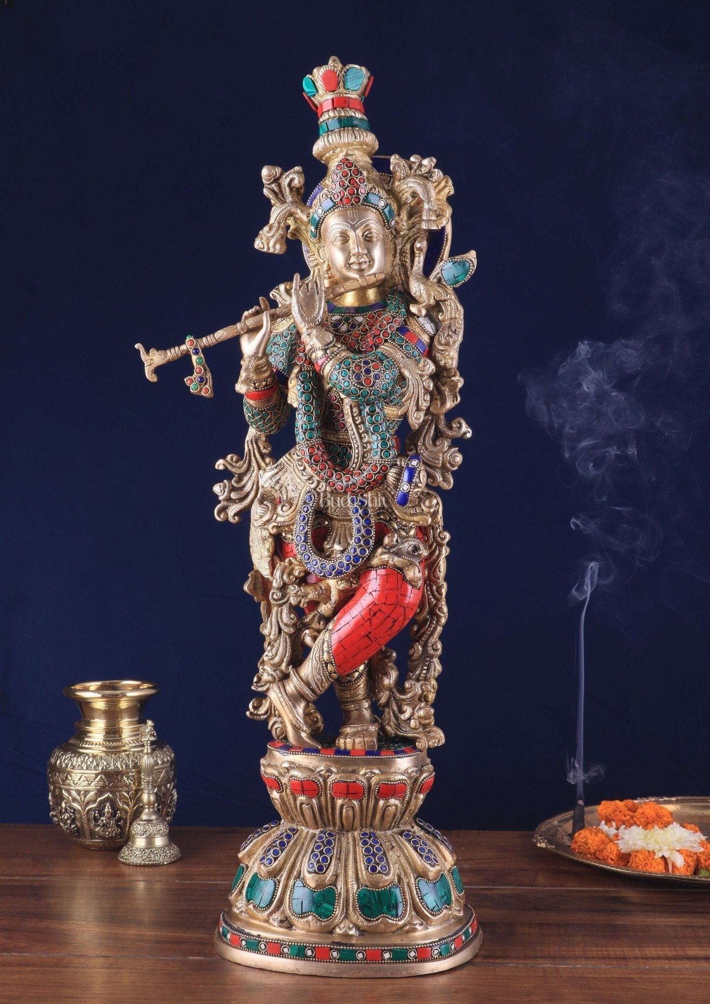 Divine brass Krishna Statue with stonework 25 inch - Sama Homes Idol - Brass Sculpture - Eco-friendly - Sama Homes