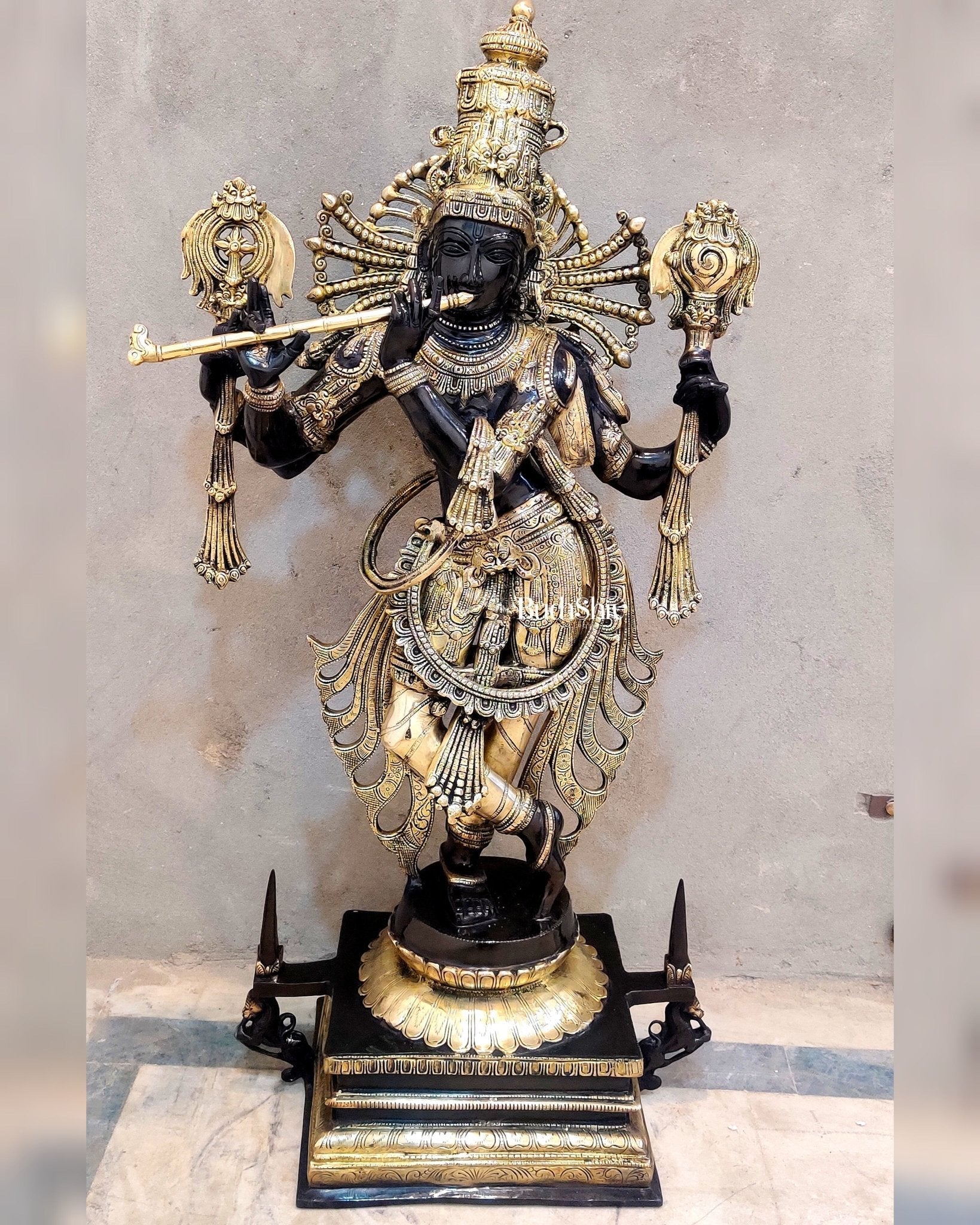 Divine Krishna Statue in Brass - Black and Golden Finish, 41" Tall - Sama Homes Idol - Brass Sculpture - Eco-friendly - Sama Homes