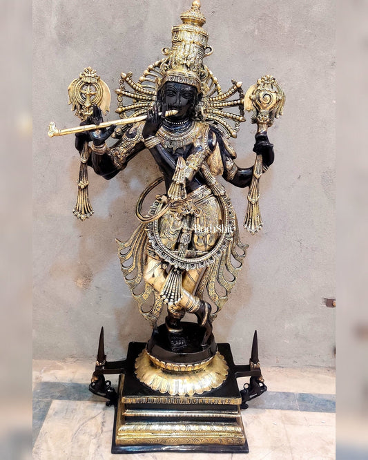 Divine Krishna Statue in Brass - Black and Golden Finish, 41" Tall - Sama Homes Idol - Brass Sculpture