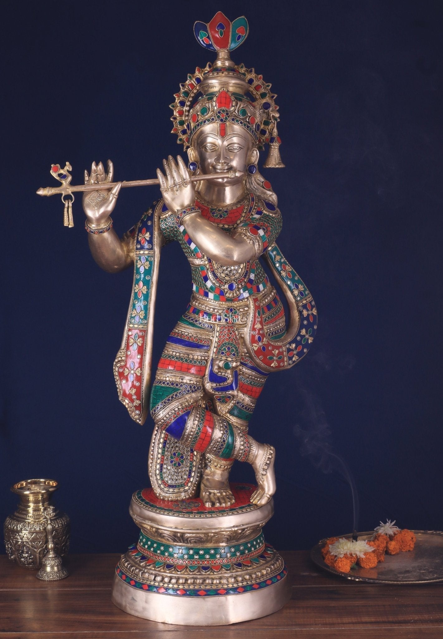 Divine Large brass Lord Krishna Statue - 36 inch with stonework - Sama Homes Idol - Brass Sculpture