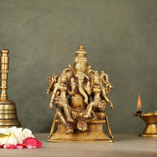 Divine Pure Brass Lord Ganesha Statue with Riddhi and Siddhi | 7" - Sama Homes Idol - Brass Sculpture