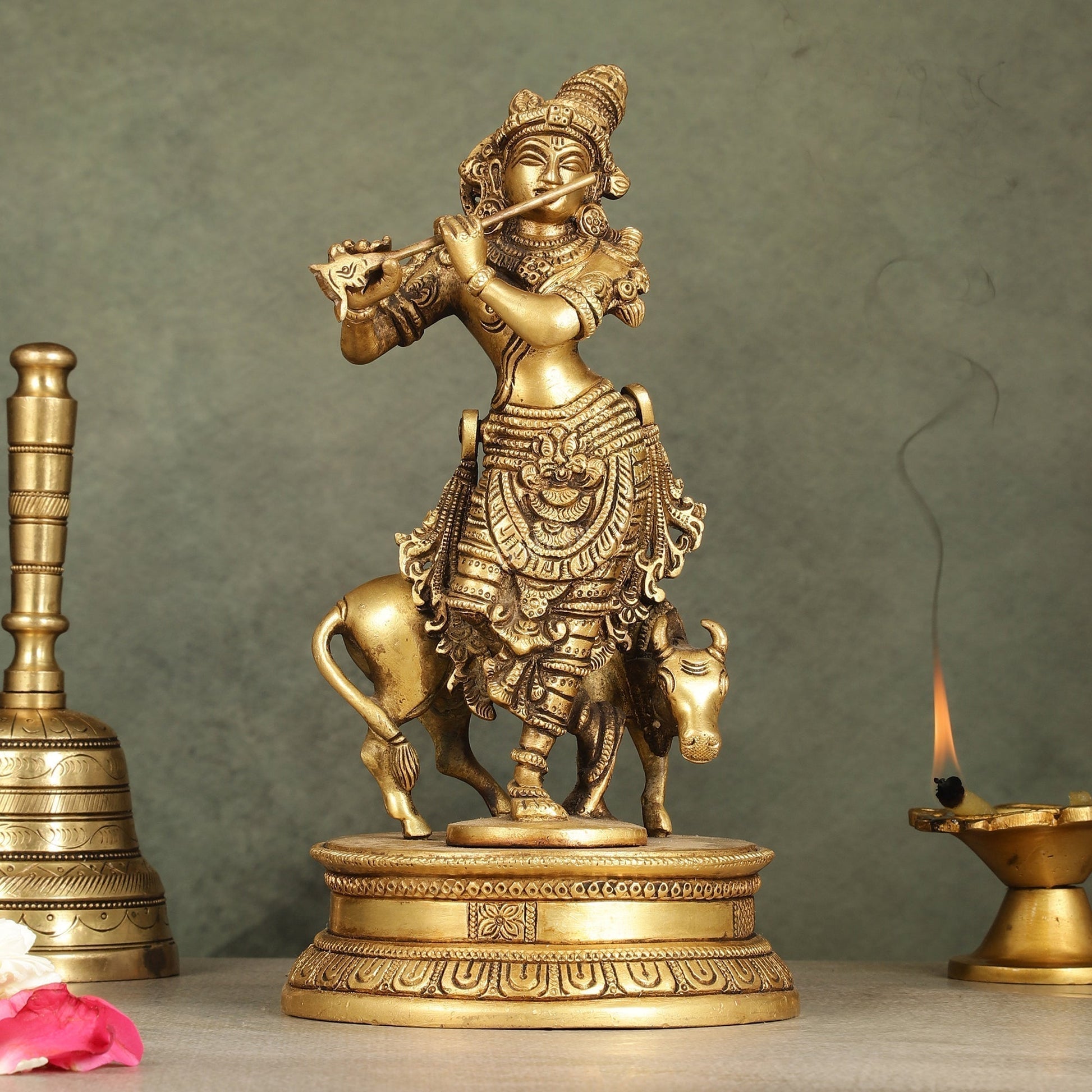 Divine Pure Brass Superfine Lord Krishna with Cow Idol - 10" Height - Sama Homes Idol - Brass Sculpture - Eco-friendly - Sama Homes