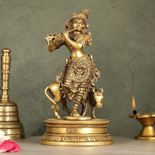 Divine Pure Brass Superfine Lord Krishna with Cow Idol - 10" Height - Sama Homes Idol - Brass Sculpture
