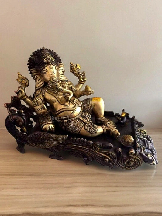 Dual tone 15 Inch Brass Ganapathi Idol on Peacock Throne - Handcrafted Masterpiece - Sama Homes Idol - Brass Sculpture