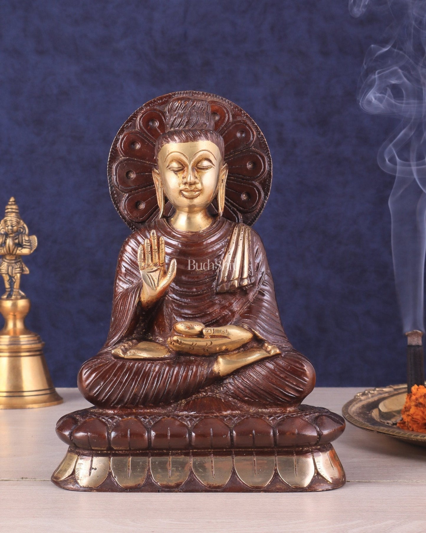 Dual Tone Brass Buddha Idol in blessing Mudra 8.5" - Sama Homes Idol - Brass Sculpture