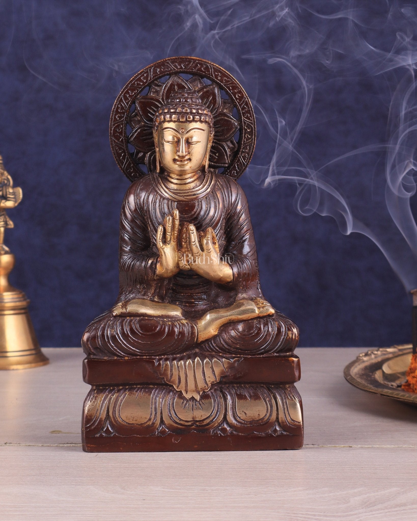 Dual Tone Brass Buddha Idol in Dharmachakra Mudra 8" - Sama Homes Idol - Brass Sculpture - Eco-friendly - Sama Homes