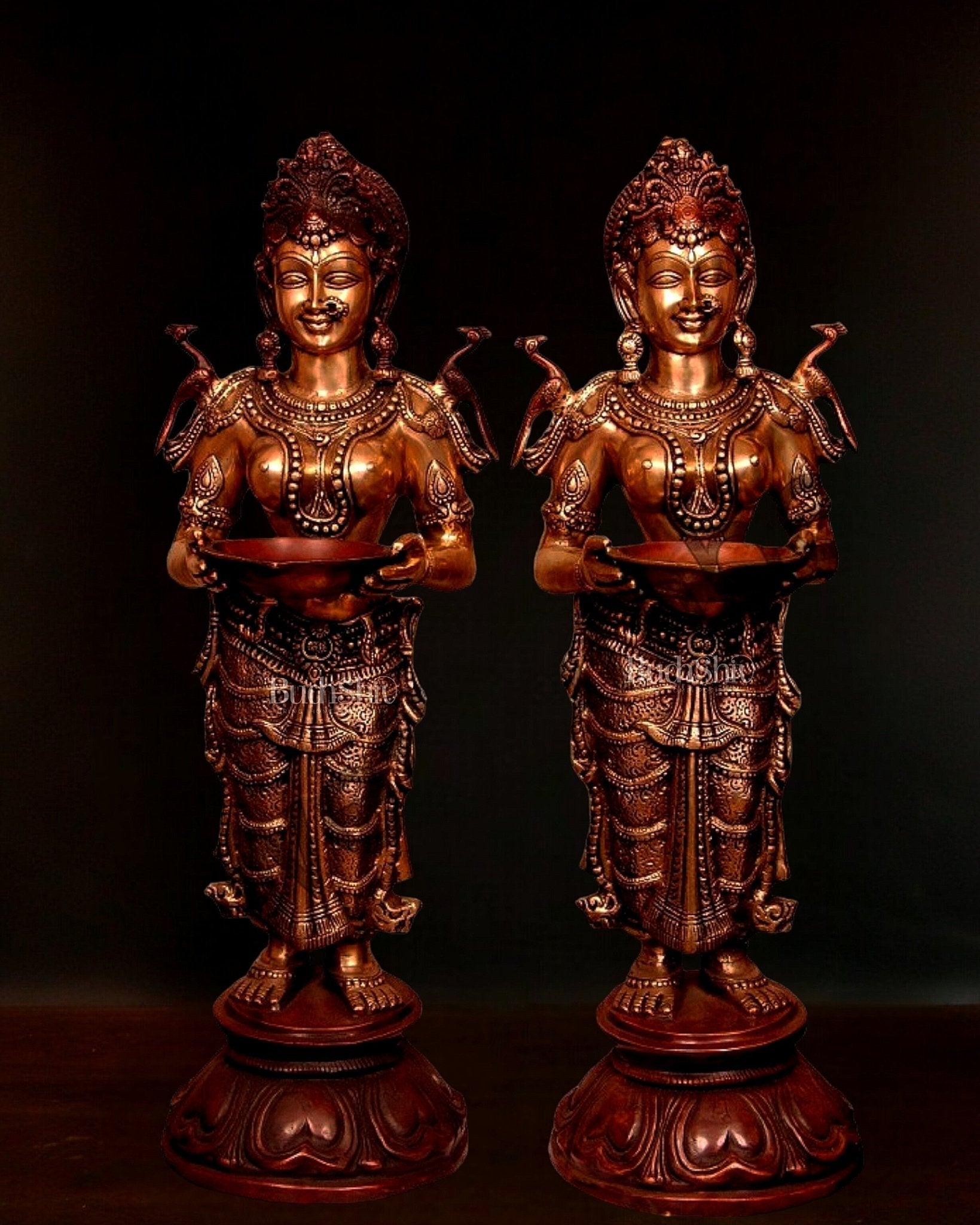 Dual-Tone Handcrafted Pavaai Villaku Deep Lady Statues - 30.5 Inch Fine Brass (Pair) - Sama Homes Idol - Brass Sculpture - Eco-friendly - Sama Homes