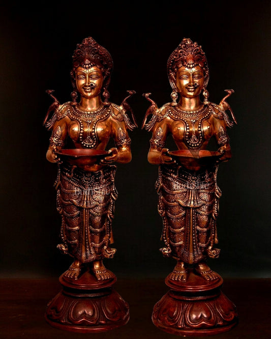 Dual-Tone Handcrafted Pavaai Villaku Deep Lady Statues - 30.5 Inch Fine Brass (Pair) - Sama Homes Idol - Brass Sculpture