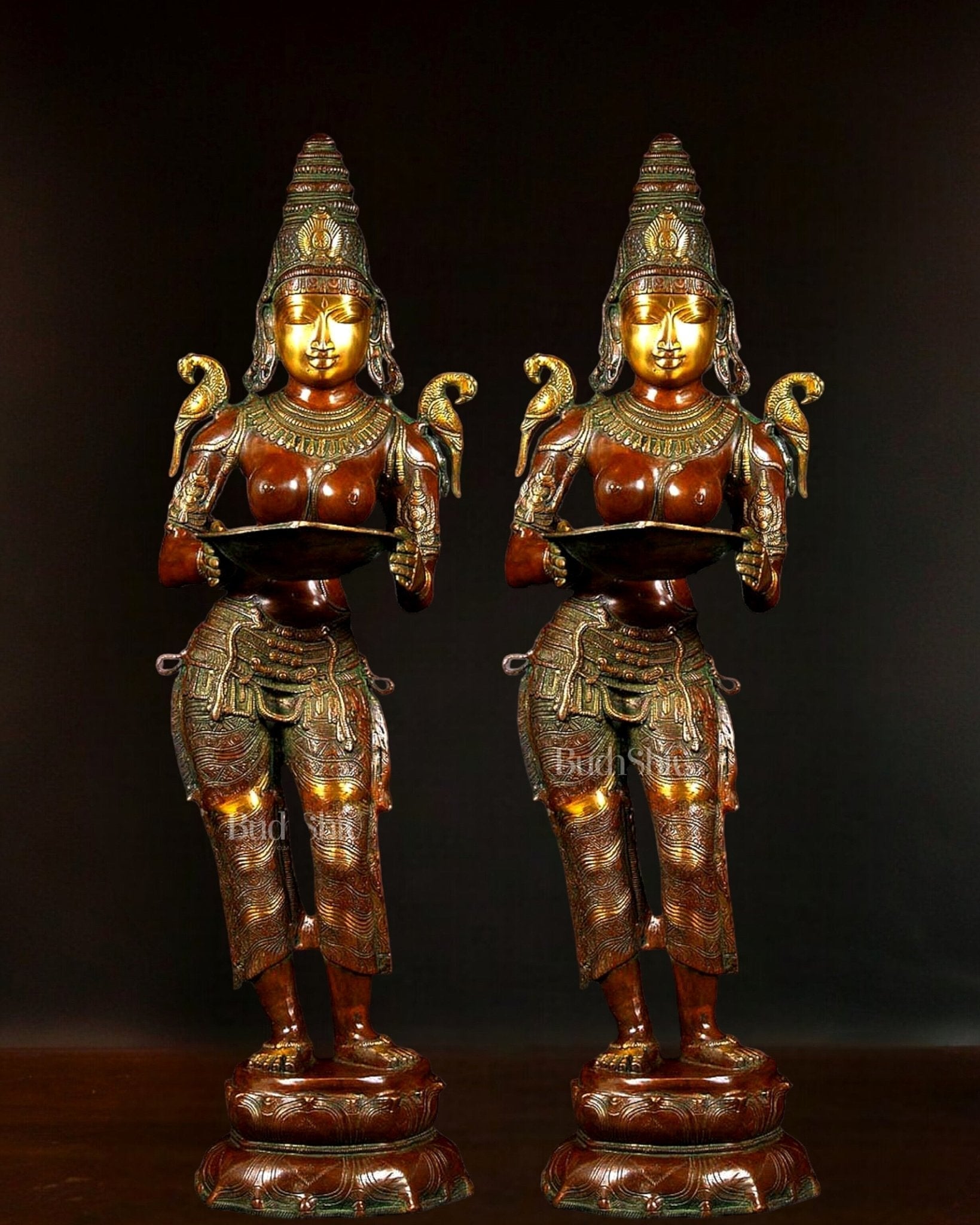 Dual-Tone Handcrafted Pavaai Villaku Deep Lady Statues - 45 Inch Fine Brass (Pair) - Sama Homes Idol - Brass Sculpture - Eco-friendly - Sama Homes