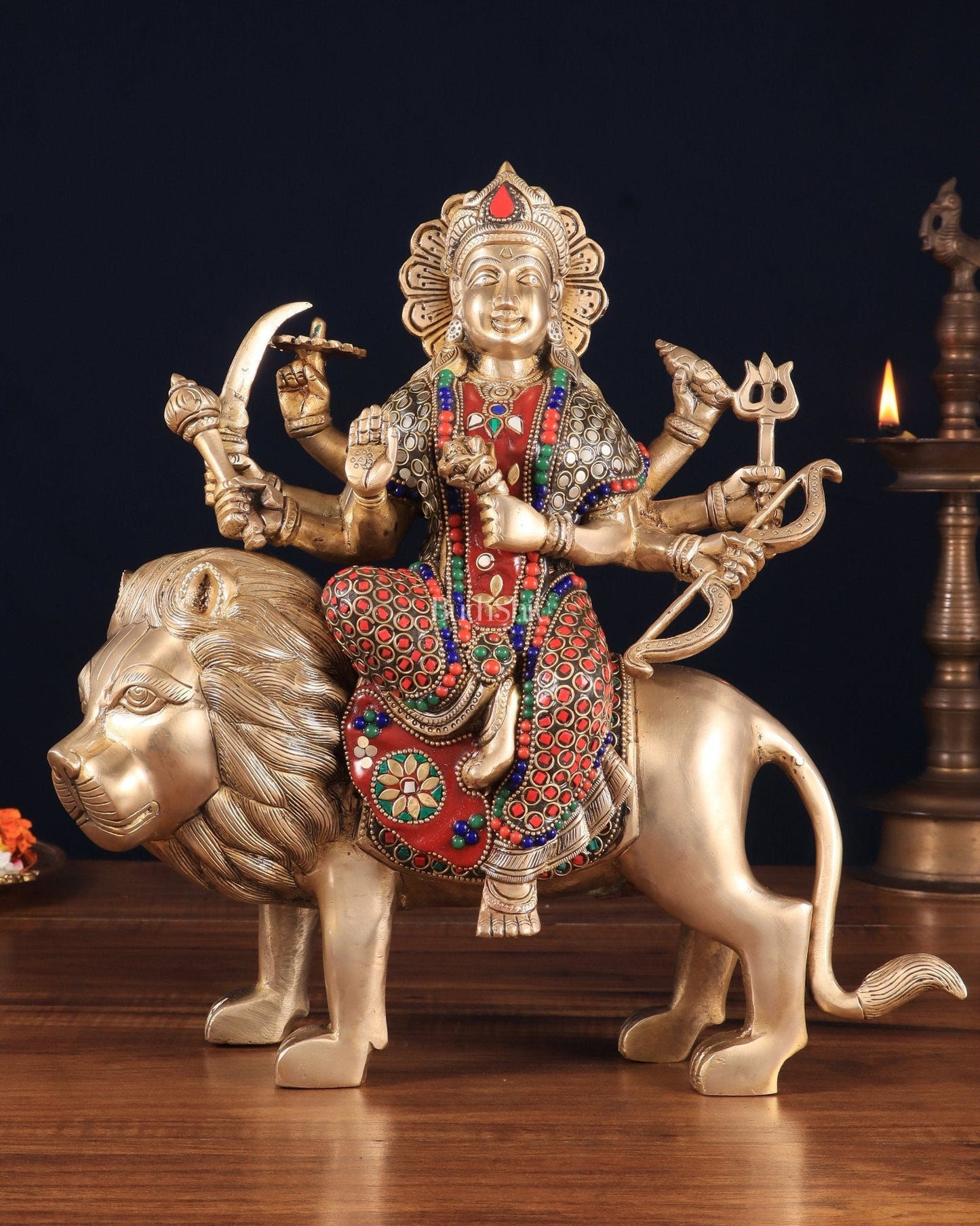 Elegant Brass Durga Mata sherawali ma Statue 12 Inch | durga ma with stonework - Sama Homes Idol - Brass Sculpture