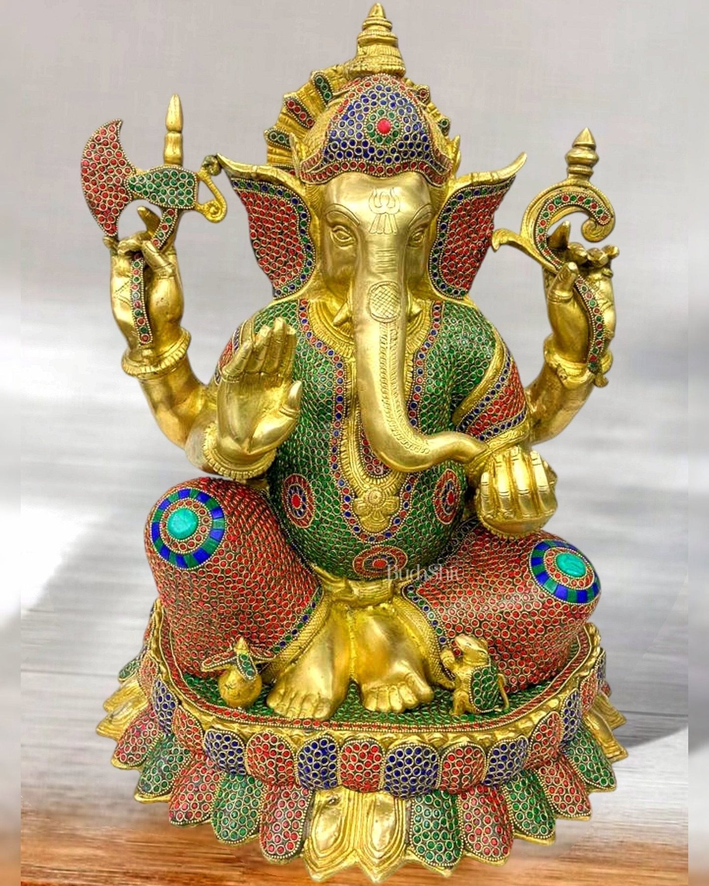 Elegant Brass Ganapati on Lotus Base with Stonework - 22" Height - Sama Homes Idol - Brass Sculpture