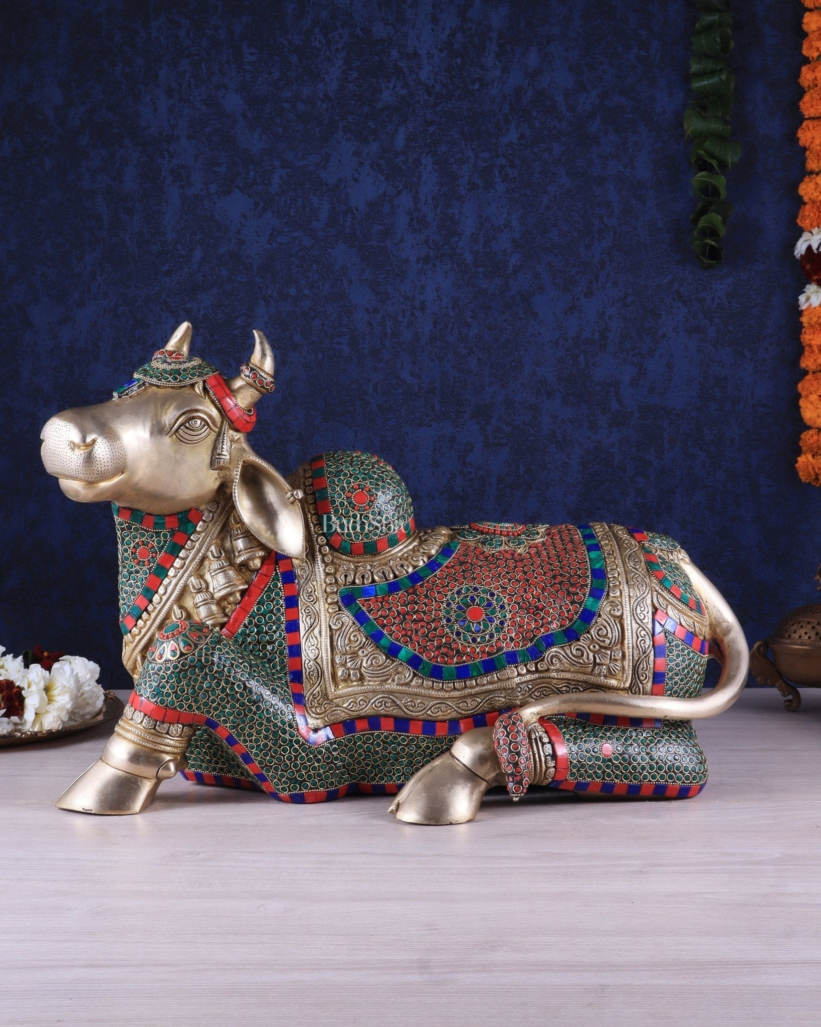 Elegant Brass Nandi Statue with Intricate Stonework 21" - Sama Homes Idol - Brass Sculpture - Eco-friendly - Sama Homes